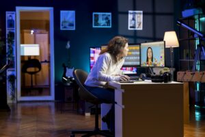 Stanowisko montażowe w studiu Abra-Media, praca na timeline w programie edycyjnym